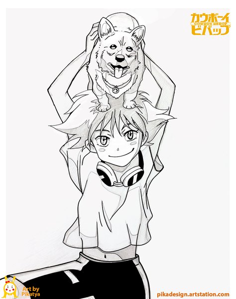 Anime picture 854x1080 with cowboy bebop sunrise (studio) edward wong hau pepelu tivrusky iv ein (cowboy bebop) pikatya single tall image looking at viewer blush short hair simple background smile white background signed arms up monochrome animal on head goggles around neck lineart welsh corgi