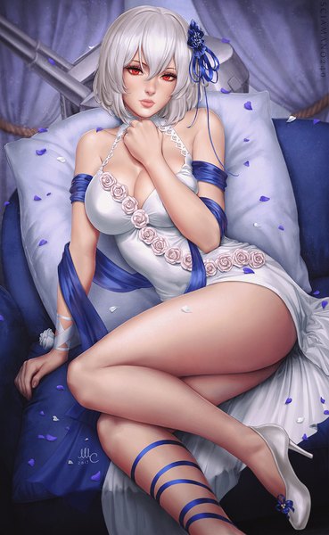 Anime picture 800x1300 with azur lane sirius (azur lane) sirius (white rose) (azur lane) sciamano240 single tall image looking at viewer fringe short hair breasts light erotic hair between eyes red eyes large breasts sitting bare shoulders signed payot cleavage bent knee (knees)