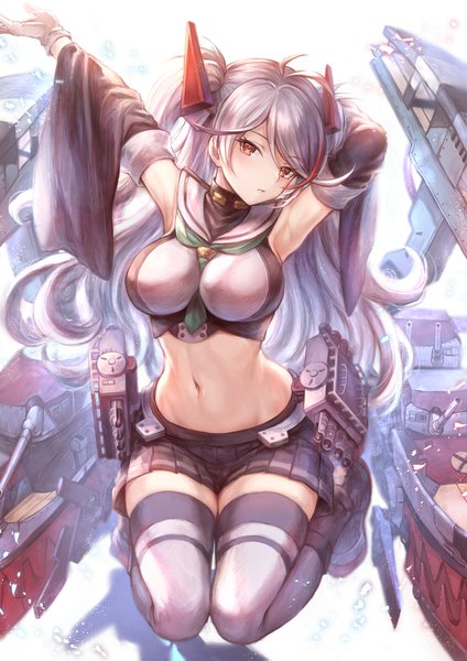 Anime picture 1302x1842 with azur lane prinz eugen (azur lane) furutaka (azur lane) mashuu (neko no oyashiro) single long hair tall image looking at viewer blush fringe breasts light erotic hair between eyes large breasts sitting brown eyes silver hair ahoge head tilt pleated skirt