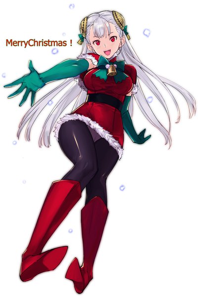 Anime picture 1487x2226 with street fighter capcom ingrid (capcom) tetsu (kimuchi) single long hair tall image looking at viewer breasts open mouth light erotic simple background red eyes white background silver hair full body pantyshot fur trim christmas outstretched hand