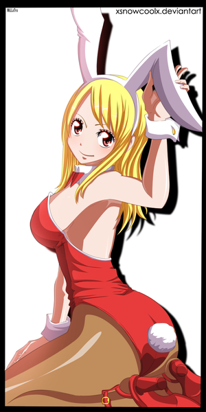 Anime picture 632x1263 with fairy tail lucy heartfilia xsnowcoolx single long hair tall image light erotic blonde hair smile red eyes animal ears tail animal tail looking back armpit (armpits) bunny ears kneeling coloring bunny girl framed