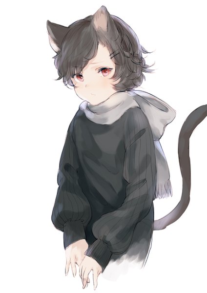 Anime picture 2894x4093 with original ikoan single tall image looking at viewer fringe highres short hair black hair simple background red eyes white background animal ears tail braid (braids) animal tail cat ears cat girl cat tail puffy sleeves