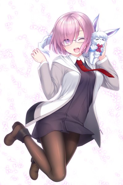Anime picture 774x1159 with fate (series) fate/grand order mash kyrielight fou (fate) nullken single tall image looking at viewer fringe short hair open mouth purple eyes pink hair full body one eye closed hair over one eye ;d jumping animal on shoulder girl