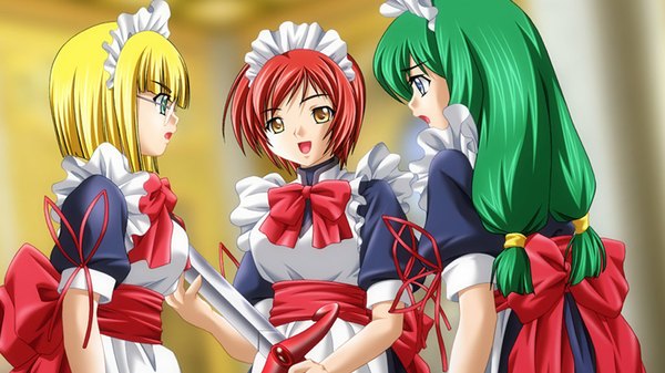 Anime picture 1024x576 with long hair short hair blue eyes blonde hair wide image brown eyes green eyes red hair green hair maid sword glasses