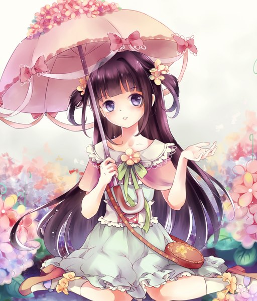 Anime picture 1516x1776 with original rina (artist) single long hair tall image looking at viewer blush open mouth sitting purple eyes twintails short twintails girl dress flower (flowers) socks umbrella white socks bag