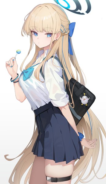Anime picture 1151x2000 with blue archive toki (blue archive) peroro (blue archive) hukahire0120 single tall image looking at viewer fringe blue eyes simple background blonde hair standing white background holding blue hair blunt bangs braid (braids) very long hair nail polish pleated skirt
