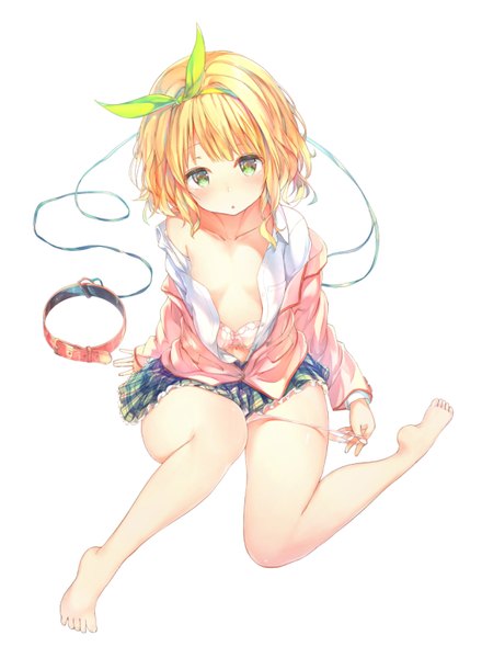 Anime picture 587x800 with kawaikereba hentai demo suki ni natte kuremasu ka? koga yuika sune (mugendai) single tall image fringe short hair light erotic simple background blonde hair white background sitting green eyes full body barefoot official art open shirt plaid skirt panty pull bra pull