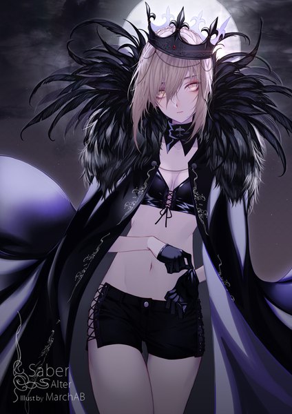 Anime picture 723x1023 with fate (series) fate/grand order artoria pendragon (all) saber alter marchab 66 single tall image looking at viewer fringe short hair light erotic blonde hair hair between eyes standing signed yellow eyes payot cleavage cloud (clouds) outdoors