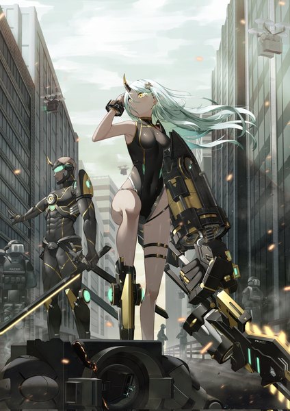 Anime picture 1448x2048 with original morros long hair tall image fringe breasts light erotic hair between eyes standing yellow eyes looking away full body outdoors arm up horn (horns) wind grey hair multiple boys city covered navel