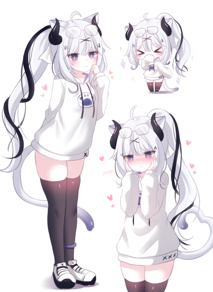 Anime picture 1824x2500 with original honyang long hair tall image looking at viewer blush fringe highres simple background standing white background brown eyes animal ears payot full body ahoge white hair ponytail tail blunt bangs