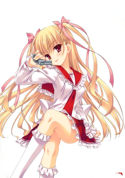 Anime picture 2450x3491 with hidan no aria mine riko kobuichi single long hair tall image blush highres simple background blonde hair red eyes white background scan official art girl uniform bow weapon hair bow school uniform