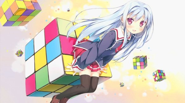 Anime picture 1600x900 with cube x cursed x curious silver link fear kubrick kantoku single long hair blush open mouth wide image sitting blue hair long sleeves pink eyes wallpaper happy flying girl thighhighs black thighhighs miniskirt