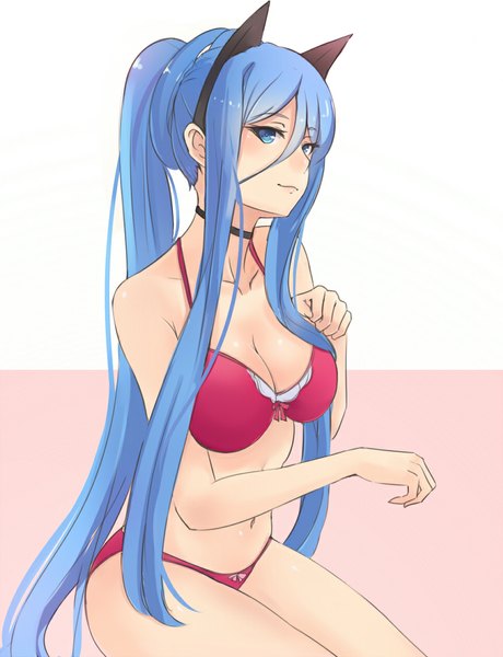 Anime picture 875x1140 with aoki hagane no arpeggio takao (aoki hagane no arpeggio) bluefield single tall image looking at viewer blush fringe breasts blue eyes light erotic simple background smile large breasts white background sitting bare shoulders animal ears blue hair ponytail