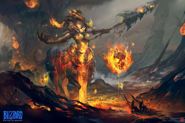 Anime picture 1600x1065 with world of warcraft original blizzard entertainment rabbit (tukenitian) single breasts light erotic yellow eyes looking away horn (horns) spread arms monster girl girl weapon spear flame centaur molten rock