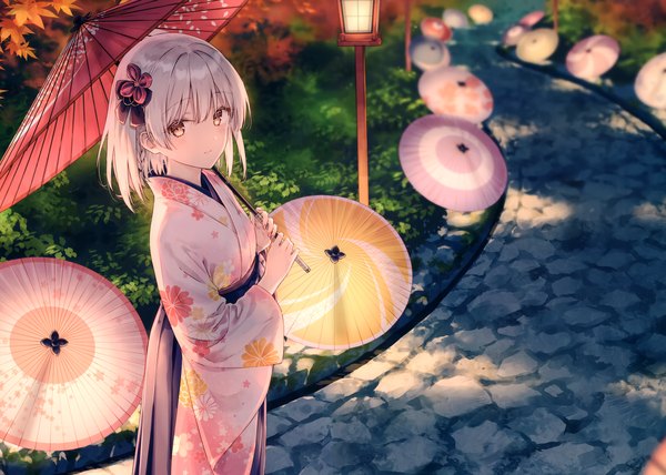Anime picture 4844x3459 with original hiten (hitenkei) single looking at viewer blush fringe highres short hair standing holding yellow eyes absurdres outdoors white hair blunt bangs traditional clothes japanese clothes light smile blurry scan
