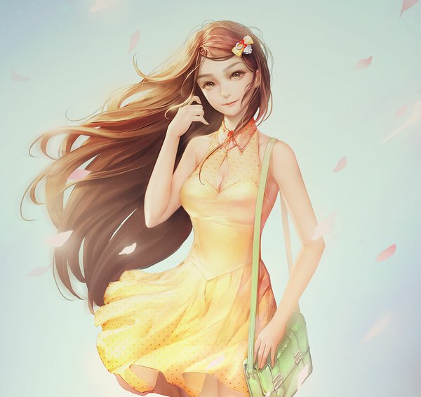 Anime picture 1100x1036 with original orry single long hair looking at viewer fringe brown hair standing brown eyes cleavage head tilt wind lips adjusting hair polka dot girl dress hair ornament petals hairclip
