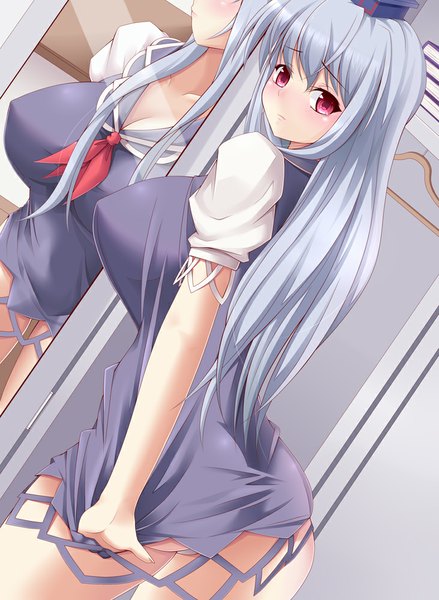 Anime picture 731x1000 with touhou kamishirasawa keine melopun single long hair tall image looking at viewer blush breasts light erotic large breasts standing cleavage silver hair ass pink eyes back reflection girl mirror