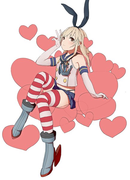 Anime picture 800x1102 with kantai collection shimakaze destroyer youmak single long hair tall image blush simple background blonde hair white background sitting bare shoulders brown eyes payot looking away victory leg lift (legs lift) girl thighhighs gloves