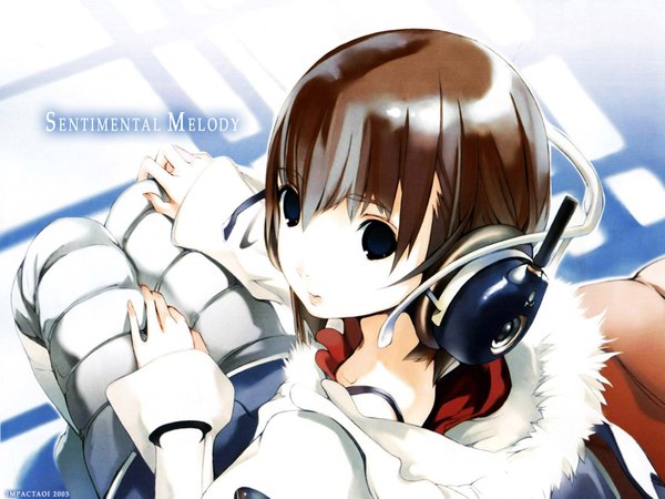 Anime picture 1600x1200 with original megami magazine girl's avenue houden eizou single looking at viewer short hair brown hair sitting looking back from above black eyes inscription pale skin girl jacket headphones