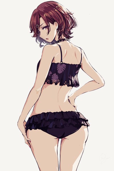 Anime picture 800x1200 with idolmaster idolmaster shiny colors higuchi madoka minyom single tall image looking at viewer fringe short hair open mouth light erotic simple background brown hair standing white background purple eyes ass nail polish profile looking back