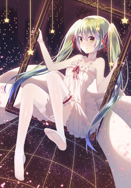 Anime picture 1400x2016 with vocaloid hatsune miku natsu97 single long hair tall image looking at viewer blush fringe smile hair between eyes sitting twintails bare shoulders green eyes full body bent knee (knees) green hair no shoes sleeveless