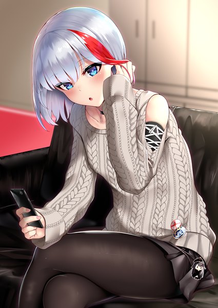 Anime picture 1000x1412 with azur lane admiral graf spee (azur lane) deutschland (azur lane) admiral graf spee (daily peaceful life) (azur lane) 3104 (3104milkshake) single tall image looking at viewer blush fringe short hair open mouth blue eyes hair between eyes sitting holding payot silver hair red hair indoors