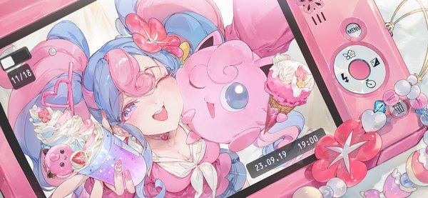 Anime picture 3301x1524 with pokemon vocaloid nintendo project voltage hatsune miku jigglypuff fairy miku (project voltage) chap sal ! single looking at viewer highres open mouth wide image twintails blue hair pink hair nail polish one eye closed multicolored hair hair flower