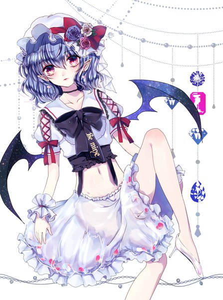 Anime picture 1273x1706 with touhou remilia scarlet gingetsu ringo single tall image looking at viewer fringe short hair light erotic hair between eyes red eyes white background blue hair bent knee (knees) hair flower pointy ears short sleeves midriff high heels puffy sleeves