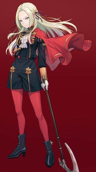 Anime picture 750x1334 with fire emblem fire emblem: three houses nintendo edelgard von hresvelg hyuuga azuri single long hair tall image looking at viewer fringe simple background standing purple eyes holding payot silver hair full body high heels floating hair red background