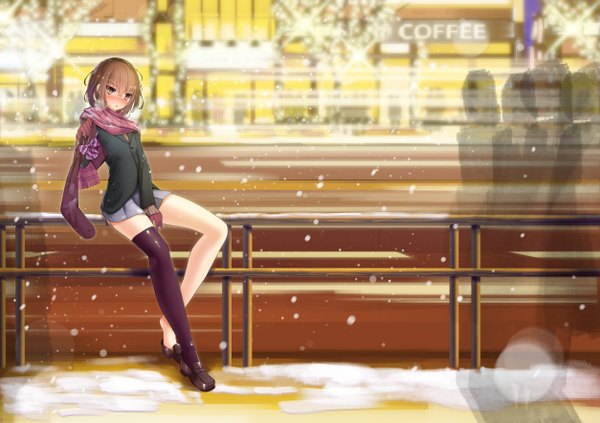 Anime picture 5016x3541 with original dobunezumi single tall image looking at viewer blush highres short hair open mouth brown hair brown eyes absurdres bent knee (knees) snowing winter between legs girl thighhighs skirt gloves