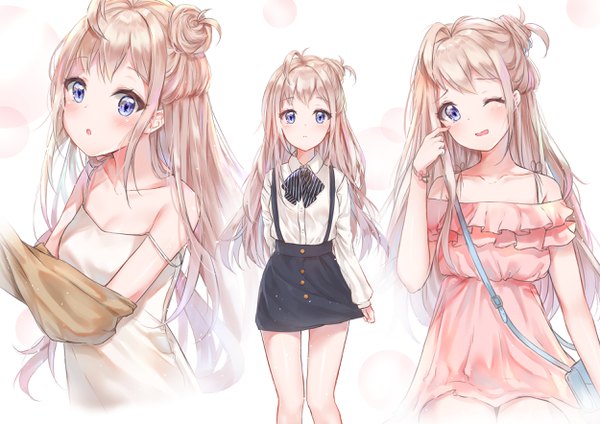 Anime picture 2500x1768 with original cuna (qunya) long hair looking at viewer blush fringe highres open mouth blue eyes blonde hair simple background standing white background payot ahoge head tilt one eye closed off shoulder :o hair bun (hair buns)