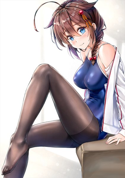 Anime picture 800x1136 with kantai collection shigure destroyer kotatsu (kotatsu358) single long hair tall image looking at viewer blush fringe breasts blue eyes light erotic simple background hair between eyes brown hair large breasts sitting braid (braids) off shoulder arm support