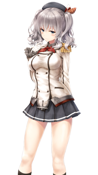 Anime picture 750x1334 with kantai collection kashima training cruiser suien single long hair tall image looking at viewer blush breasts blue eyes simple background standing white background twintails silver hair pleated skirt light smile short twintails wavy hair arm behind back