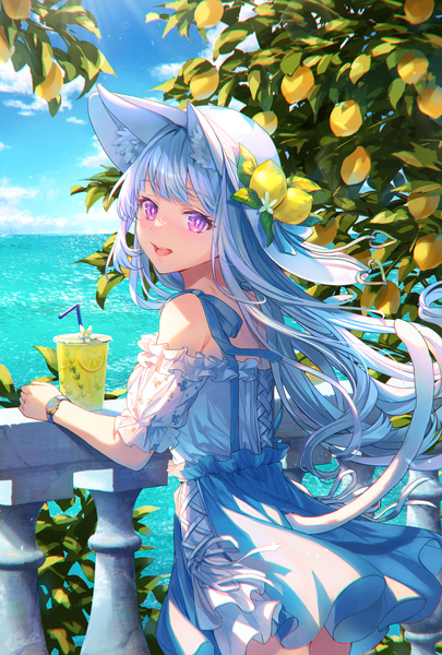 Anime picture 1900x2816 with original cokecoco single long hair tall image looking at viewer blush fringe highres open mouth smile standing purple eyes animal ears sky cloud (clouds) outdoors white hair tail :d