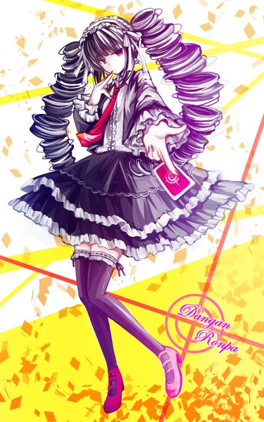 Anime picture 1000x1600 with dangan ronpa celestia ludenberg nobuda single long hair tall image looking at viewer fringe black hair red eyes twintails nail polish wide sleeves copyright name outstretched arm drill hair finger to mouth lolita fashion frilly skirt girl