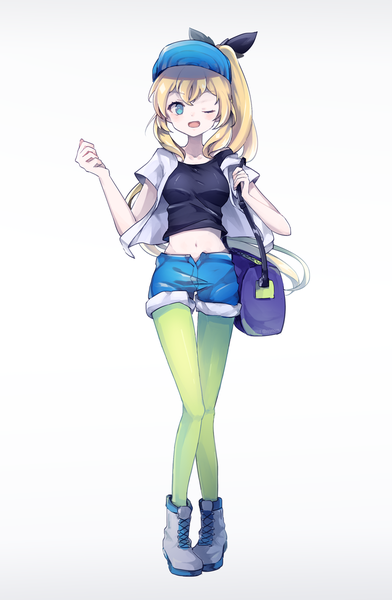Anime picture 784x1200 with virtual youtuber mirai akari project mirai akari captain yue single long hair tall image looking at viewer blush open mouth blue eyes simple background blonde hair white background full body one eye closed wink midriff alternate costume side ponytail