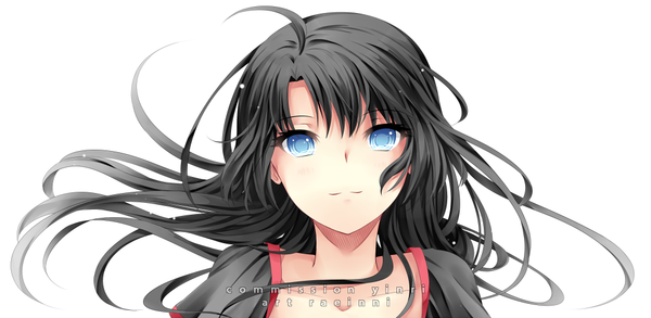 Anime picture 1000x489 with original raeinni single long hair fringe blue eyes black hair simple background wide image white background light smile happy close-up girl