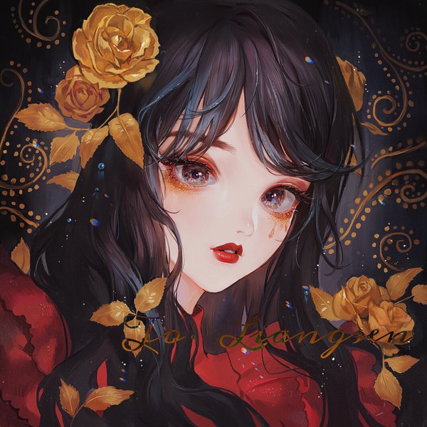 Anime picture 1500x1500 with original maccha (mochancc) single long hair looking at viewer fringe purple eyes upper body parted lips hair flower inscription lipstick portrait close-up eyeshadow red lipstick girl flower (flowers) rose (roses)