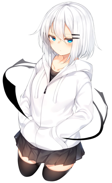 Anime picture 863x1400 with original ringo-chan (otokuyou) otokuyou single tall image looking at viewer blush fringe short hair blue eyes simple background hair between eyes white background white hair pleated skirt zettai ryouiki hands in pockets girl thighhighs skirt