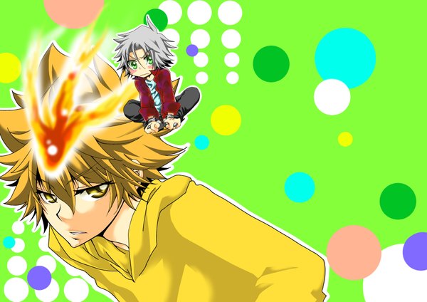 Anime picture 3507x2480 with katekyou hitman reborn sawada tsunayoshi gokudera hayato blush highres short hair blonde hair green eyes yellow eyes absurdres white hair chibi green background boy flame