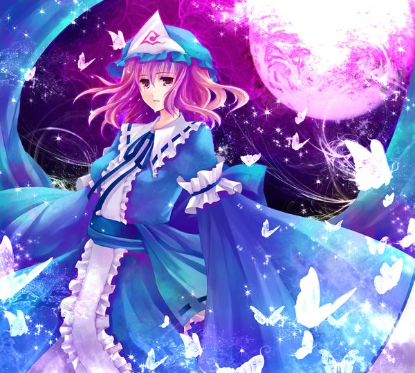 Anime picture 1000x900 with touhou saigyouji yuyuko hagiwara rin single short hair red eyes pink hair tears girl dress frills insect butterfly moon