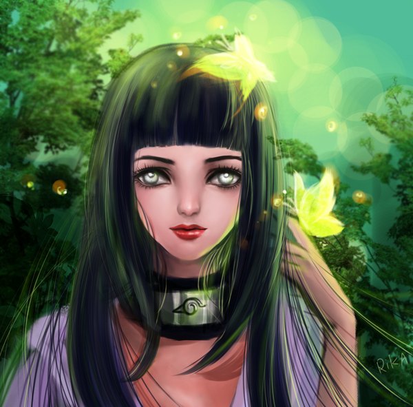 Anime picture 2000x1971 with naruto studio pierrot naruto (series) hyuuga hinata rikamello single long hair looking at viewer highres black hair signed realistic silver eyes white eyes girl insect butterfly bandana
