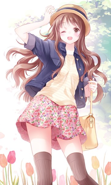 Anime picture 492x815 with original yatomi single long hair tall image blush fringe open mouth black hair brown hair standing holding brown eyes outdoors one eye closed wink zettai ryouiki floral print happy wavy hair