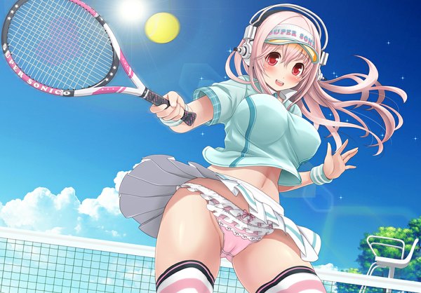 Anime picture 1146x800 with nitroplus super sonico v-mag single long hair blush open mouth light erotic red eyes pink hair sky cloud (clouds) tennis girl thighhighs navel uniform underwear panties headphones