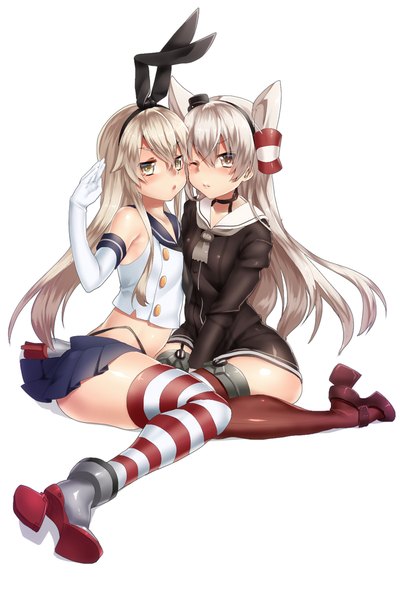 Anime picture 700x1050 with kantai collection shimakaze destroyer amatsukaze destroyer keita (tundereyuina) long hair tall image blush light erotic simple background blonde hair white background multiple girls yellow eyes silver hair two side up girl thighhighs skirt gloves bow