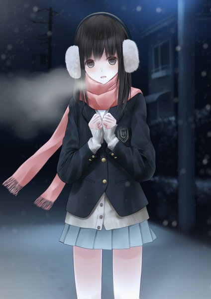Anime picture 827x1169 with original chikuwa (odennabe) single long hair tall image looking at viewer blush open mouth black hair pleated skirt black eyes snowing winter girl skirt uniform school uniform headphones scarf earmuffs