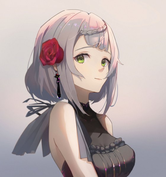 Anime picture 3307x3534 with genshin impact noelle (genshin impact) spica-sh single tall image looking at viewer highres short hair simple background green eyes absurdres silver hair upper body hair flower grey background sleeveless gradient background girl flower (flowers) single earring