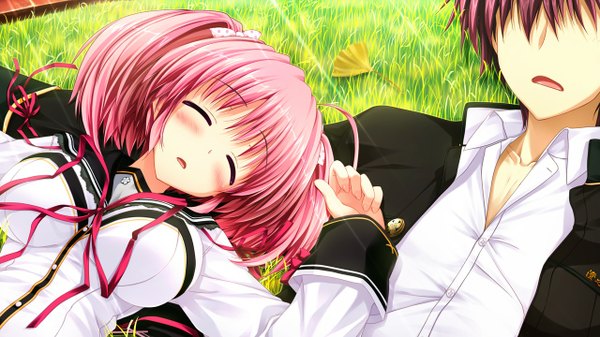 Anime picture 1280x720 with kamikaze explorer! hayase manami oshiki hitoshi blush short hair wide image pink hair game cg eyes closed girl boy serafuku