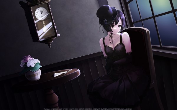 Аниме картинка 1920x1200 с девушка в скорлупе innocent grey tokisaka yukari один (одна) высокое разрешение короткие волосы чёрные волосы широкое изображение сидит чёрные глаза девушка платье перчатки цветок (цветы) высокие перчатки окно часы настенные часы маятниковые часы