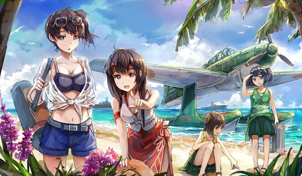 Anime picture 961x559 with kantai collection kaga aircraft carrier akagi aircraft carrier souryuu aircraft carrier hiryuu aircraft carrier d.b.spark fringe short hair breasts open mouth blue eyes brown hair wide image sitting twintails multiple girls holding brown eyes blue hair sky